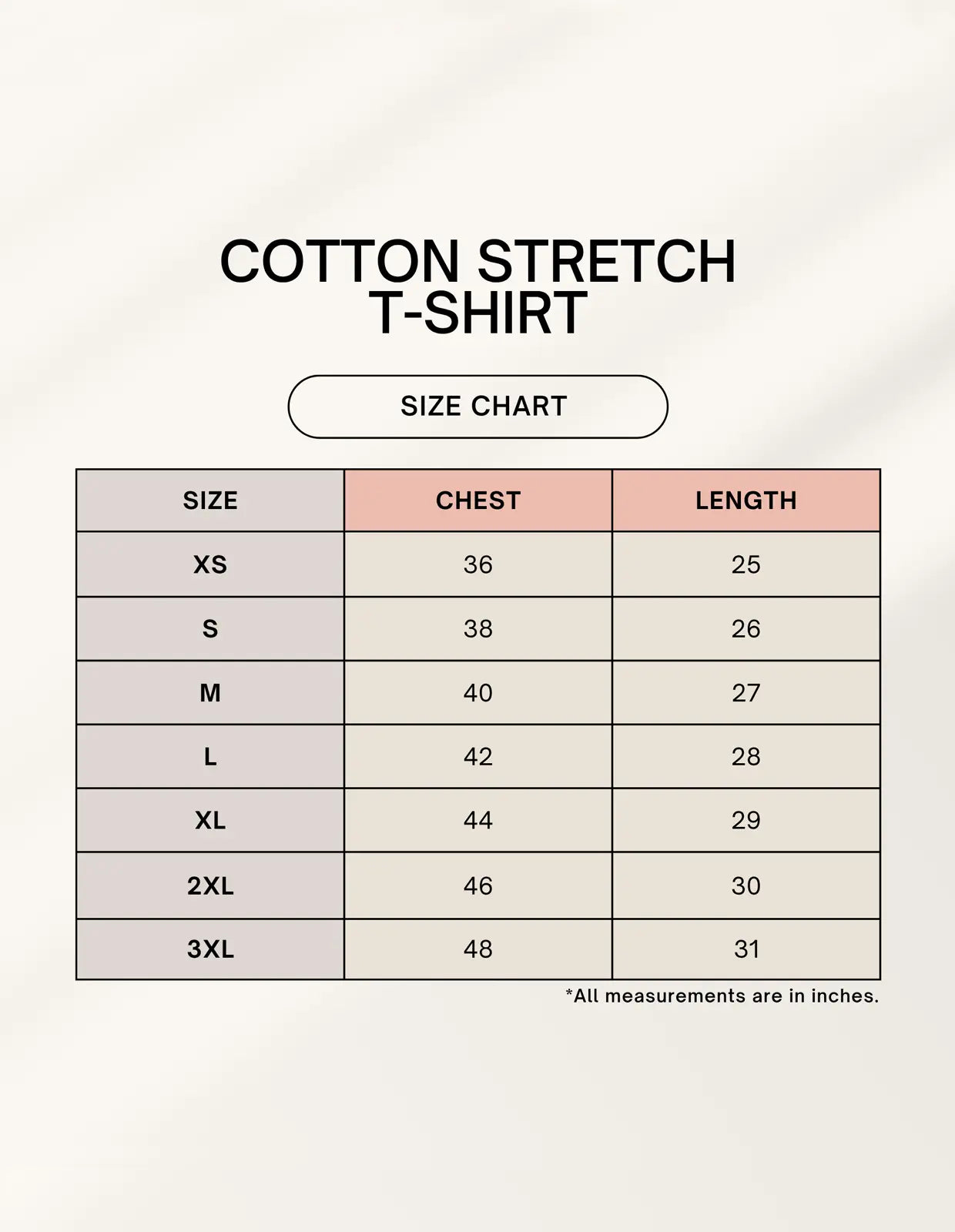 Cotton stretch t-shirt size chart on a light background