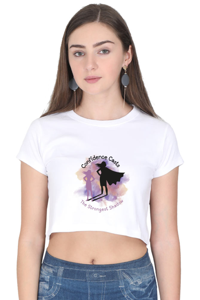 Happy young woman wearing a trendy BigShot Fusion crop top tee mockup, showcasing bold White streetwear style for anime and gaming fashion lovers.ge