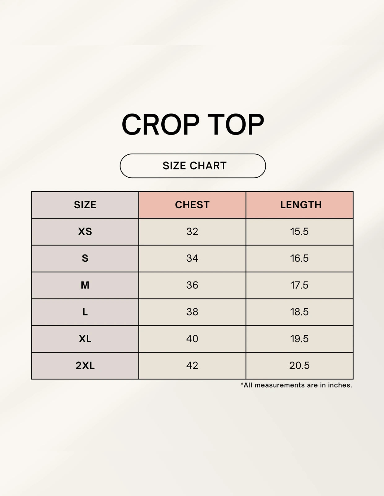 Crop top size chart with chest and length measurements on a light gray background