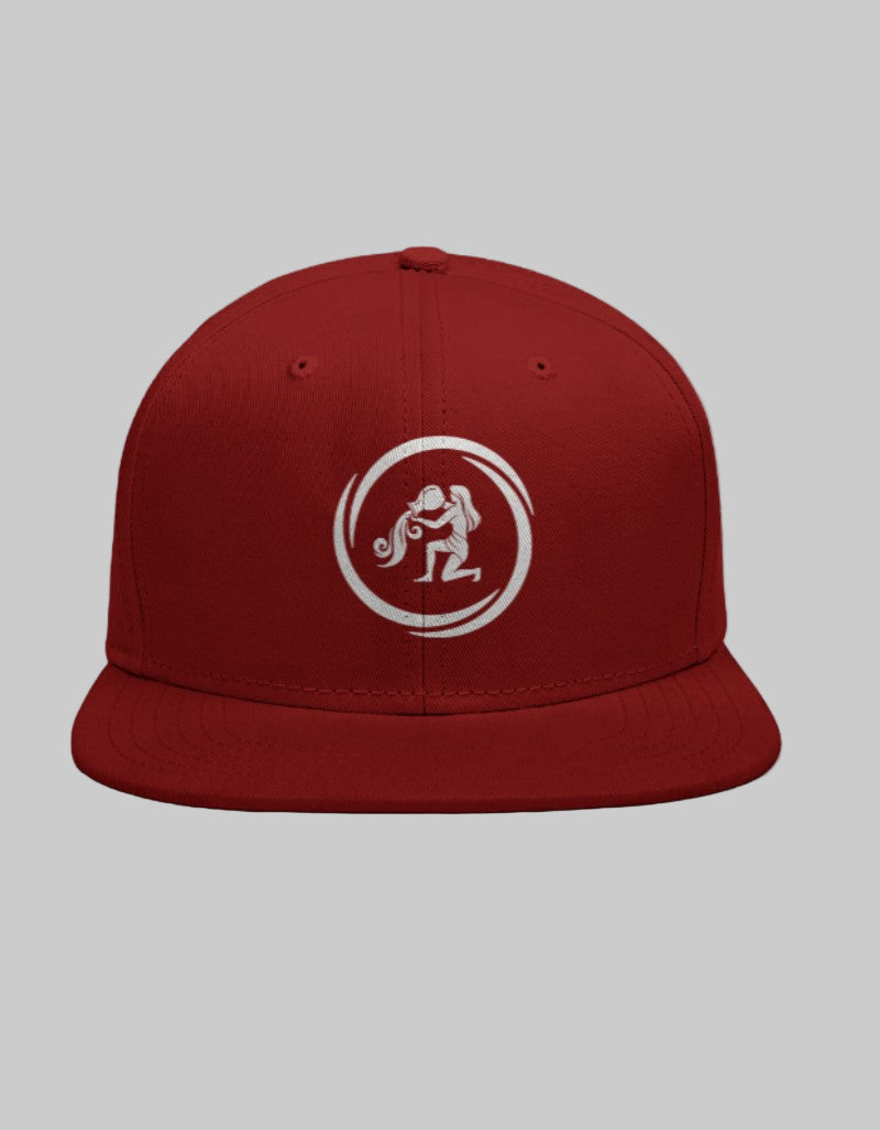 Red Snapback cap with Aquarius zodiac symbol (Water Bearer) in white on front panel.