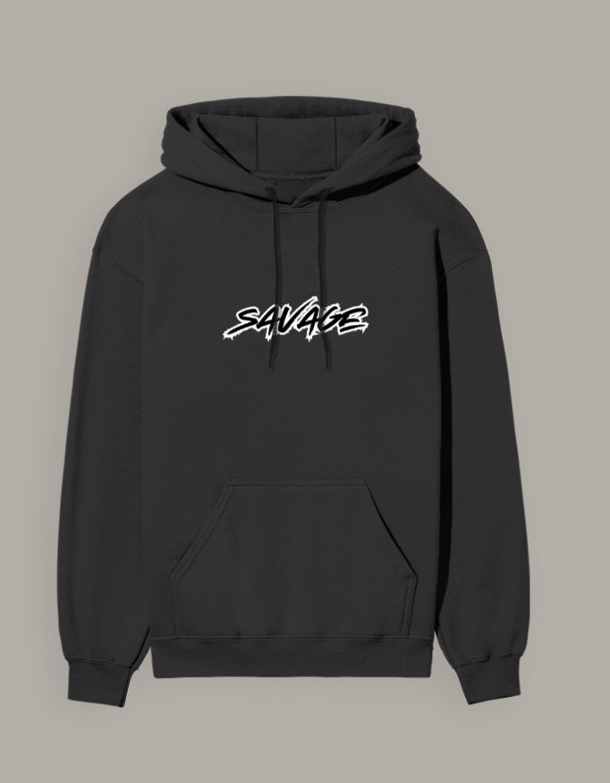 Unisex hoodie with handwritten “SAVAGE” text in black, printed on front center – shown in white color variant