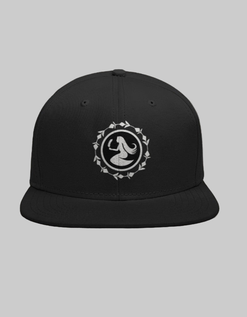 Black snapback cap with Virgo maiden symbol inside a white circular leaf-patterned border.