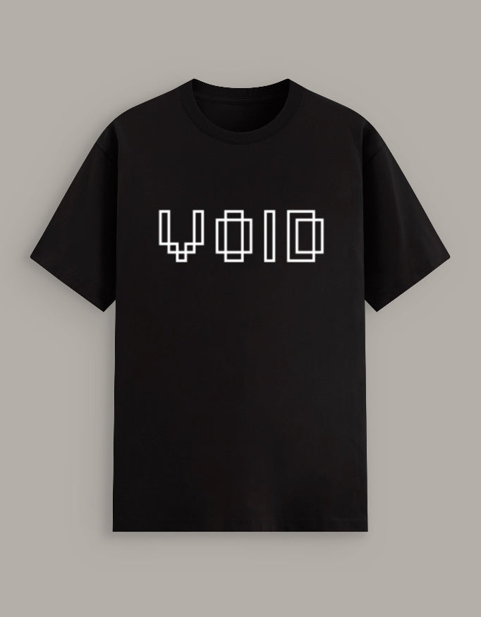 Unisex t-shirt with minimalist white pixel-style typography spelling "VOID," modern streetwear