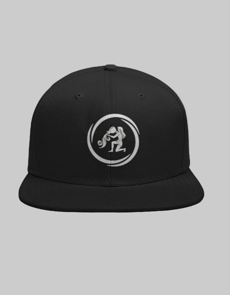 Black Snapback cap with Aquarius zodiac symbol (Water Bearer) in white on front panel.