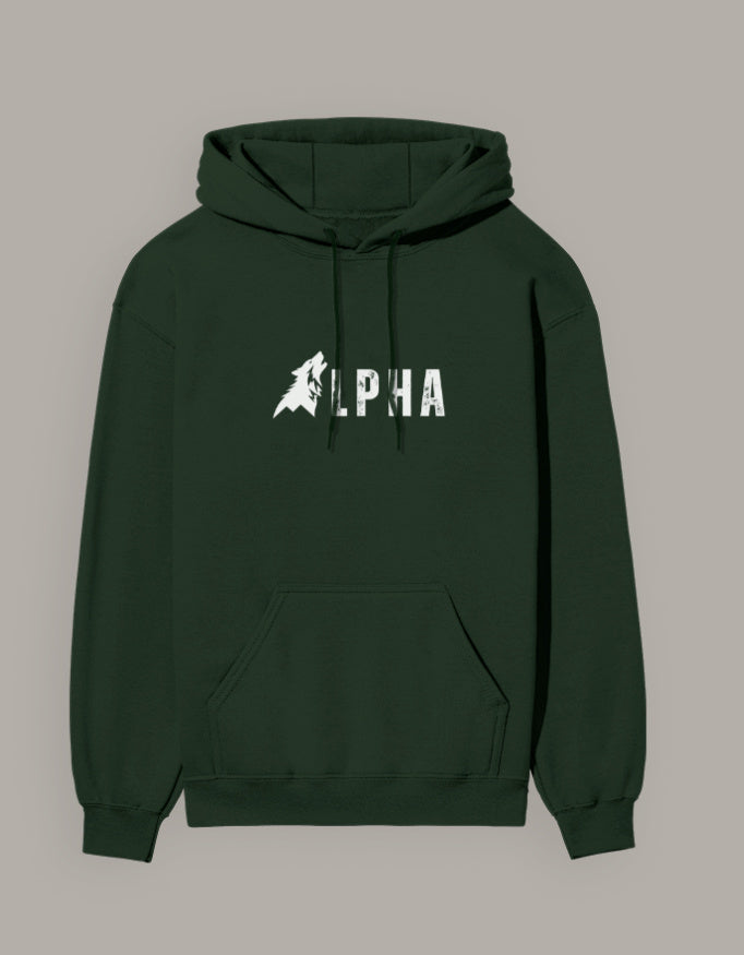 Hoodie with bold white "ALPHA" text and wolf silhouette graphic, unisex streetwear style