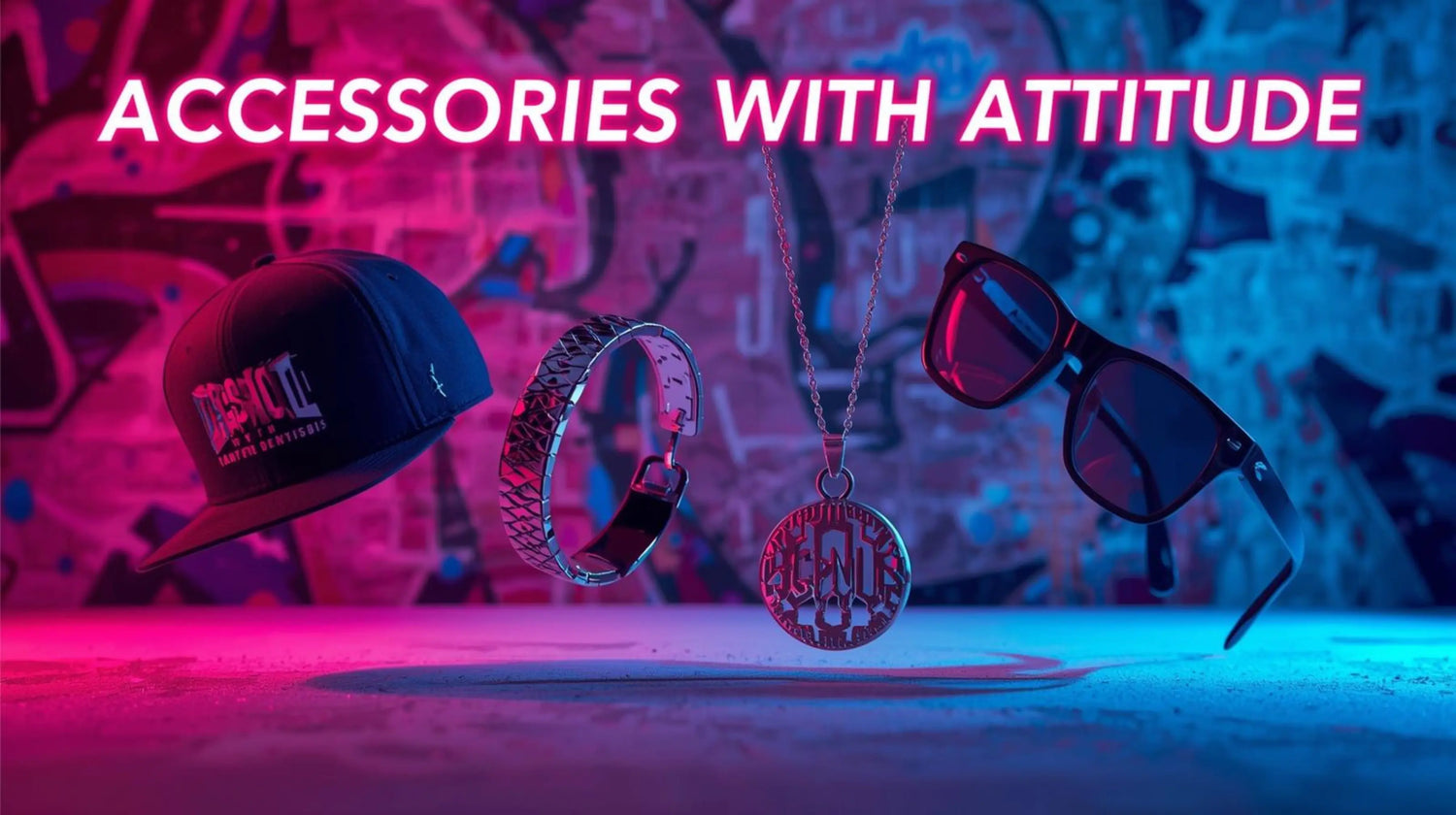 Hero banner for BigShot Fusion accessories collection featuring a snapback cap, bracelet, pendant chain, and sunglasses displayed against a neon graffiti wall with glowing pink and blue highlights.