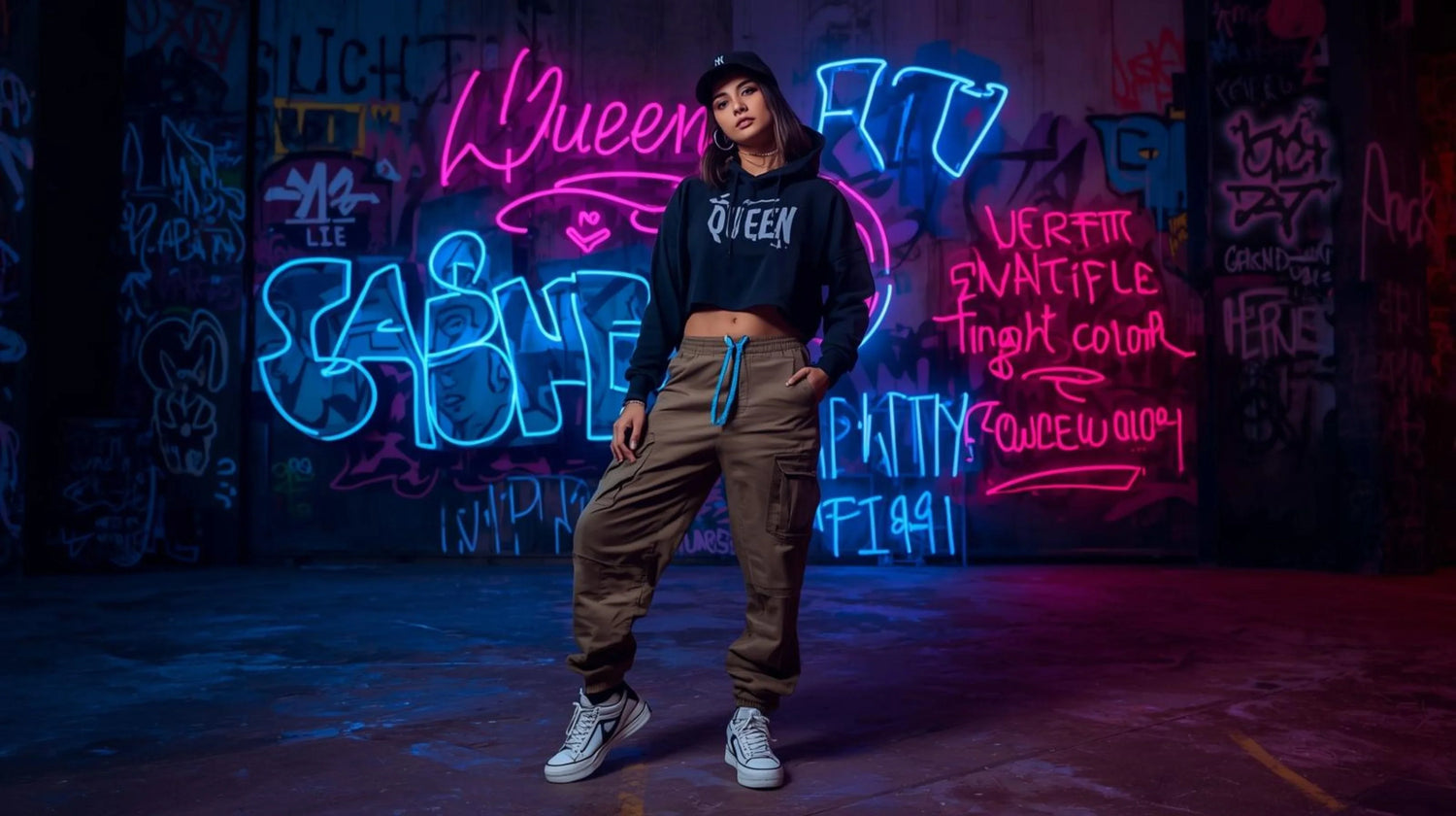 BigShot Fusion women’s streetwear collection featuring graphic tees and hoodies on minimalist backdrop