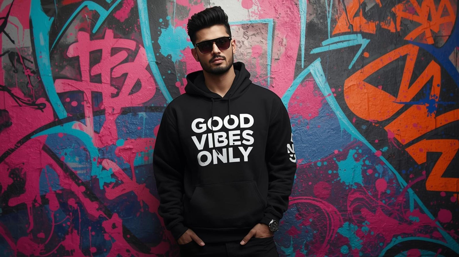Man wearing a black hoodie with the slogan ‘Good Vibes Only’ printed on the front.