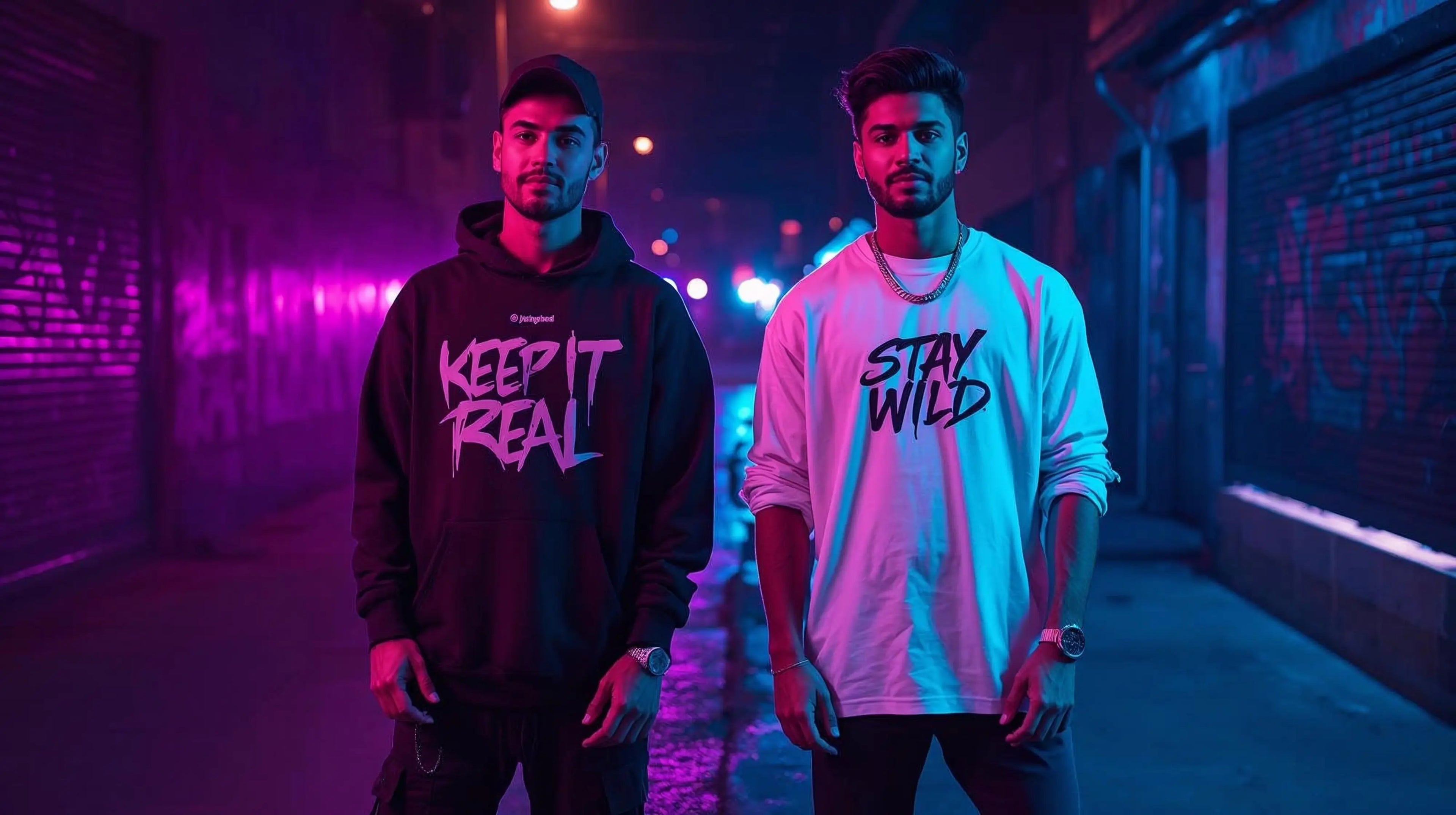 Two individuals standing in a neon-lit urban setting with text on their clothing.