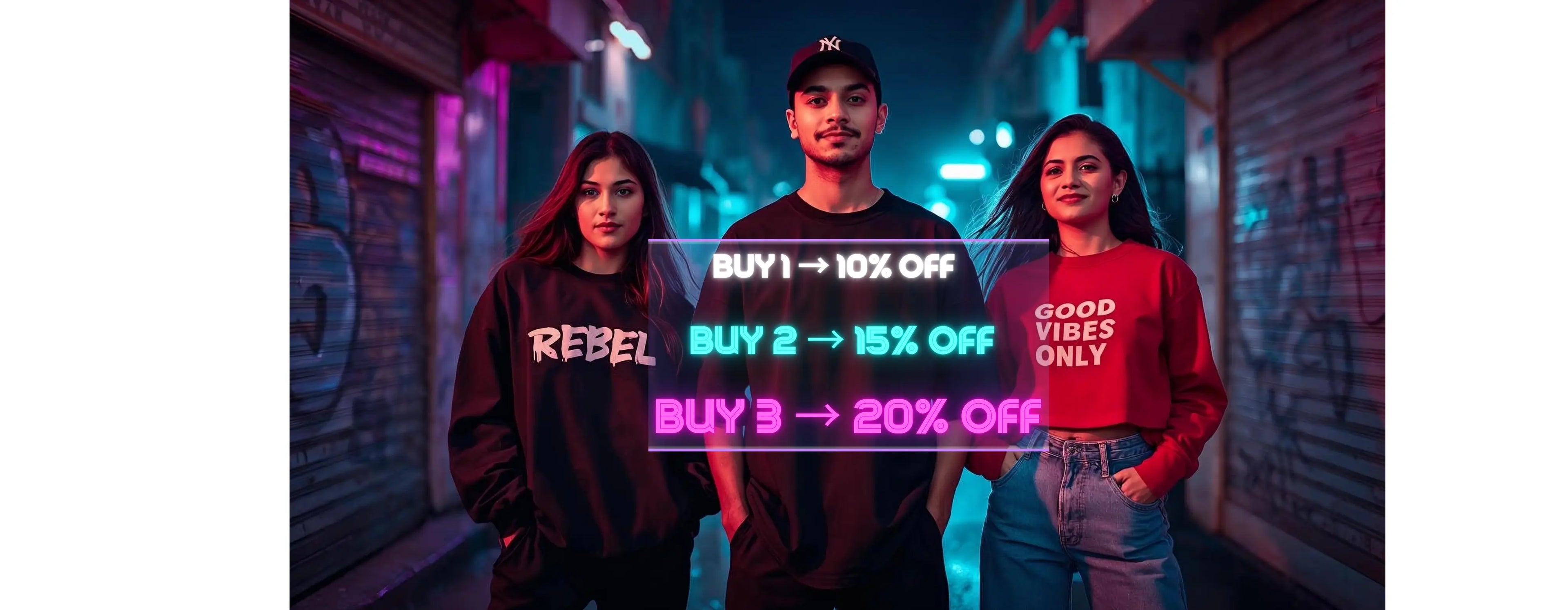 Three people standing in a futuristic corridor with promotional text overlay.