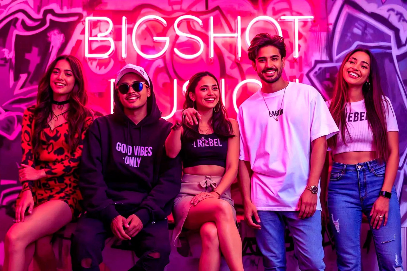 Five people posing in front of a vibrant, graffiti-style wall with 'BIGSHOT' branding.