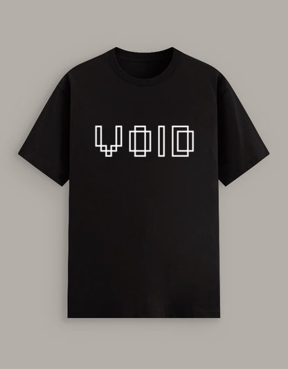 Unisex t-shirt with minimalist white pixel-style typography spelling "VOID," modern streetwear