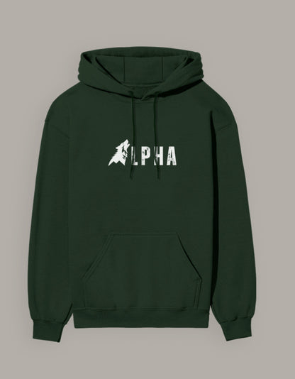 Hoodie with bold white "ALPHA" text and wolf silhouette graphic, unisex streetwear style