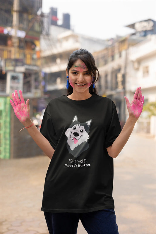 Funny cartoon wolf graphic on black oversized T-shirt with quote "Part Wolf – Mostly Weirdo"