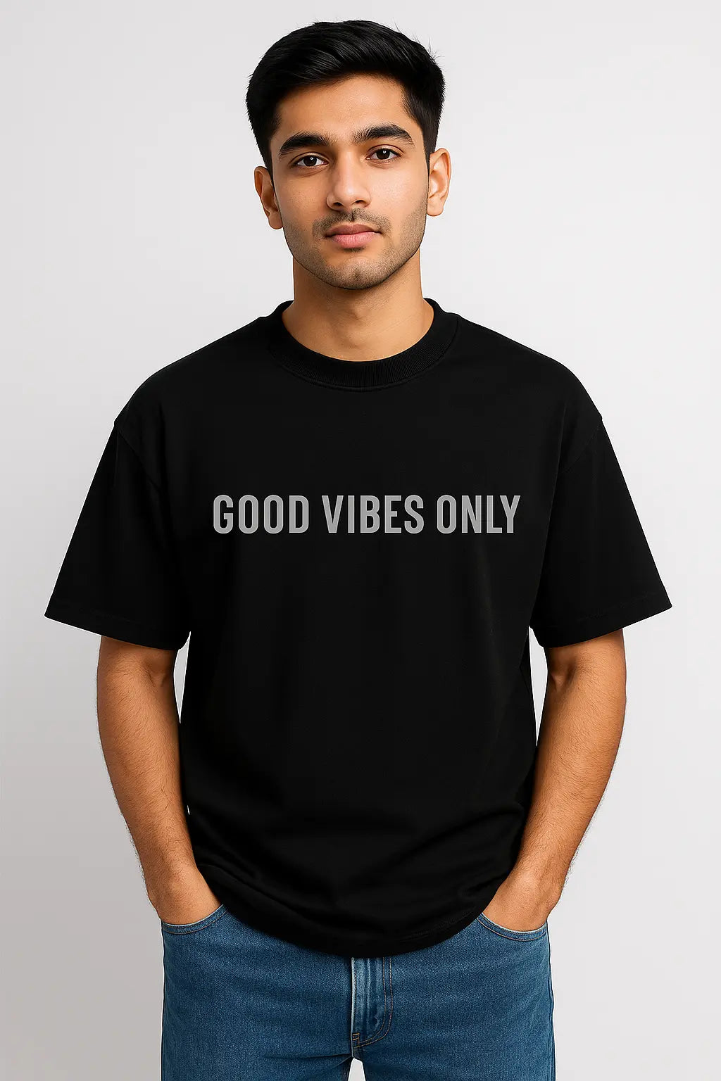 Person wearing a black t-shirt with 'GOOD VIBES ONLY' text on a plain background