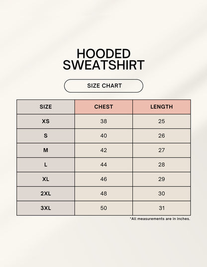 Size chart for hooded sweatshirts with chest and length measurements.