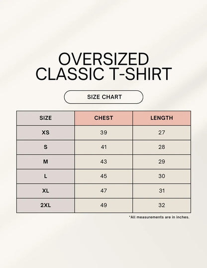 Size chart for oversized classic t-shirts with chest and length measurements.