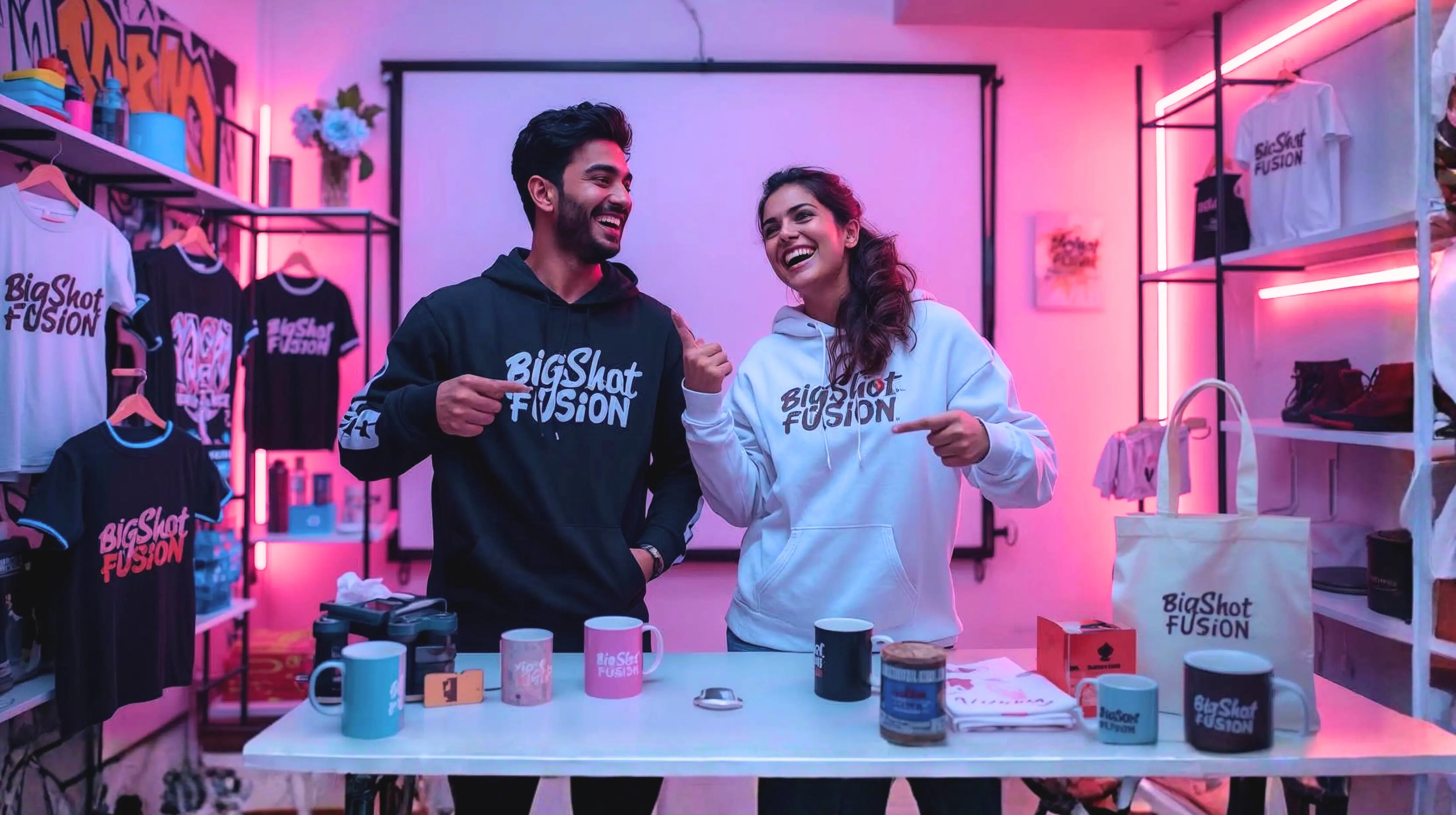 Two people in a store with 'Big Shot Fusion' merchandise, including sweatshirts and bags.