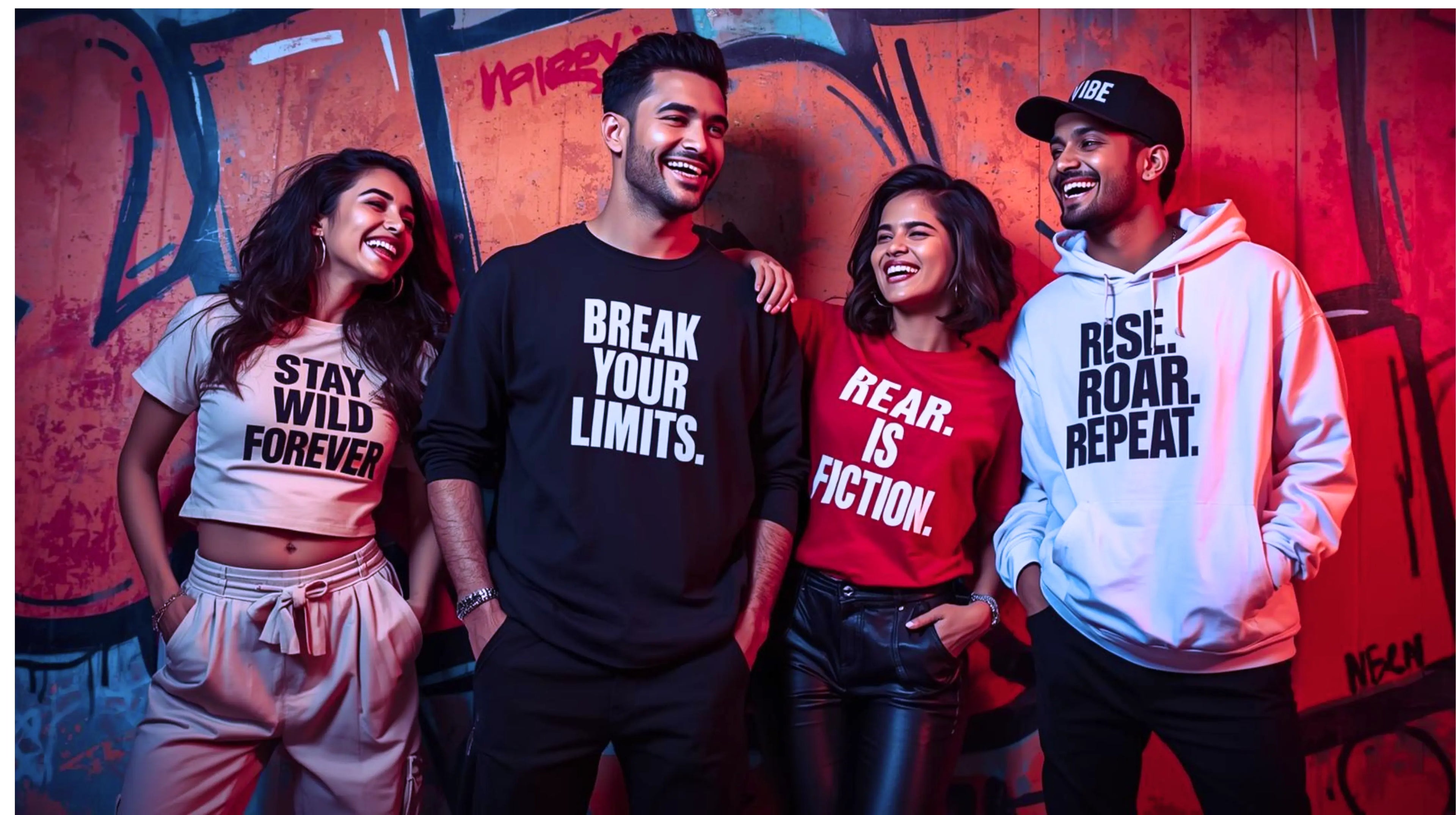 Four people wearing motivational shirts in front of a colorful graffiti wall.