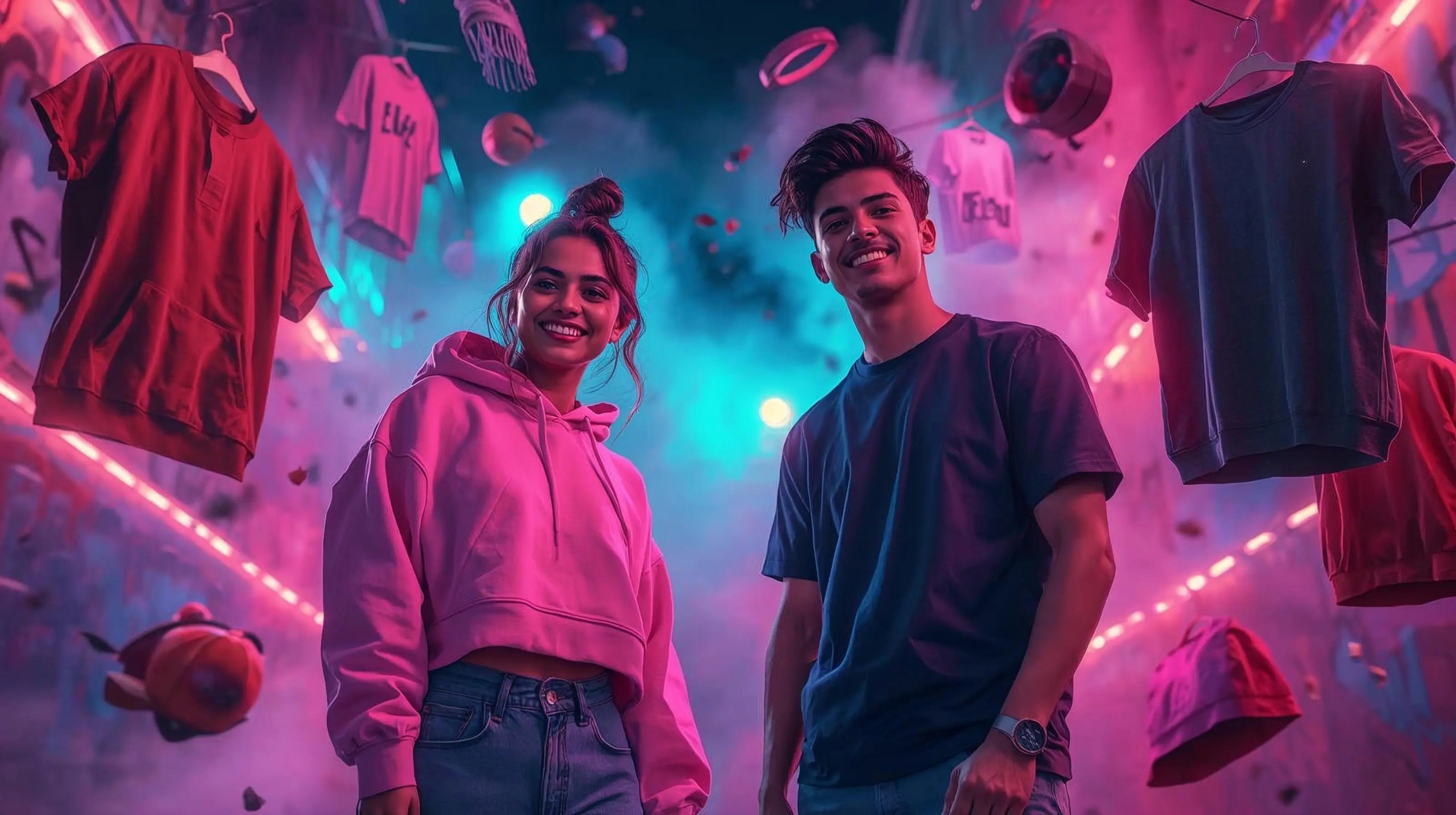 Two people standing in a room with colorful lighting and hanging clothes.