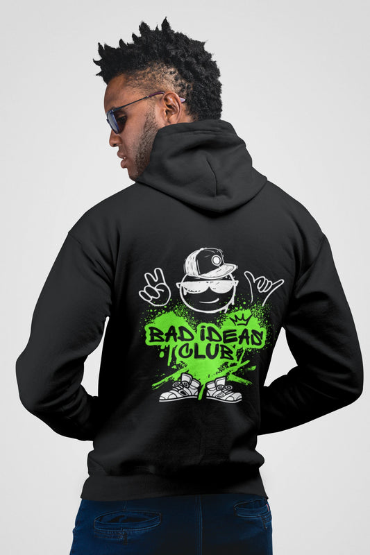 Person wearing a black hoodie with a graphic design on the back, featuring text and a logo.