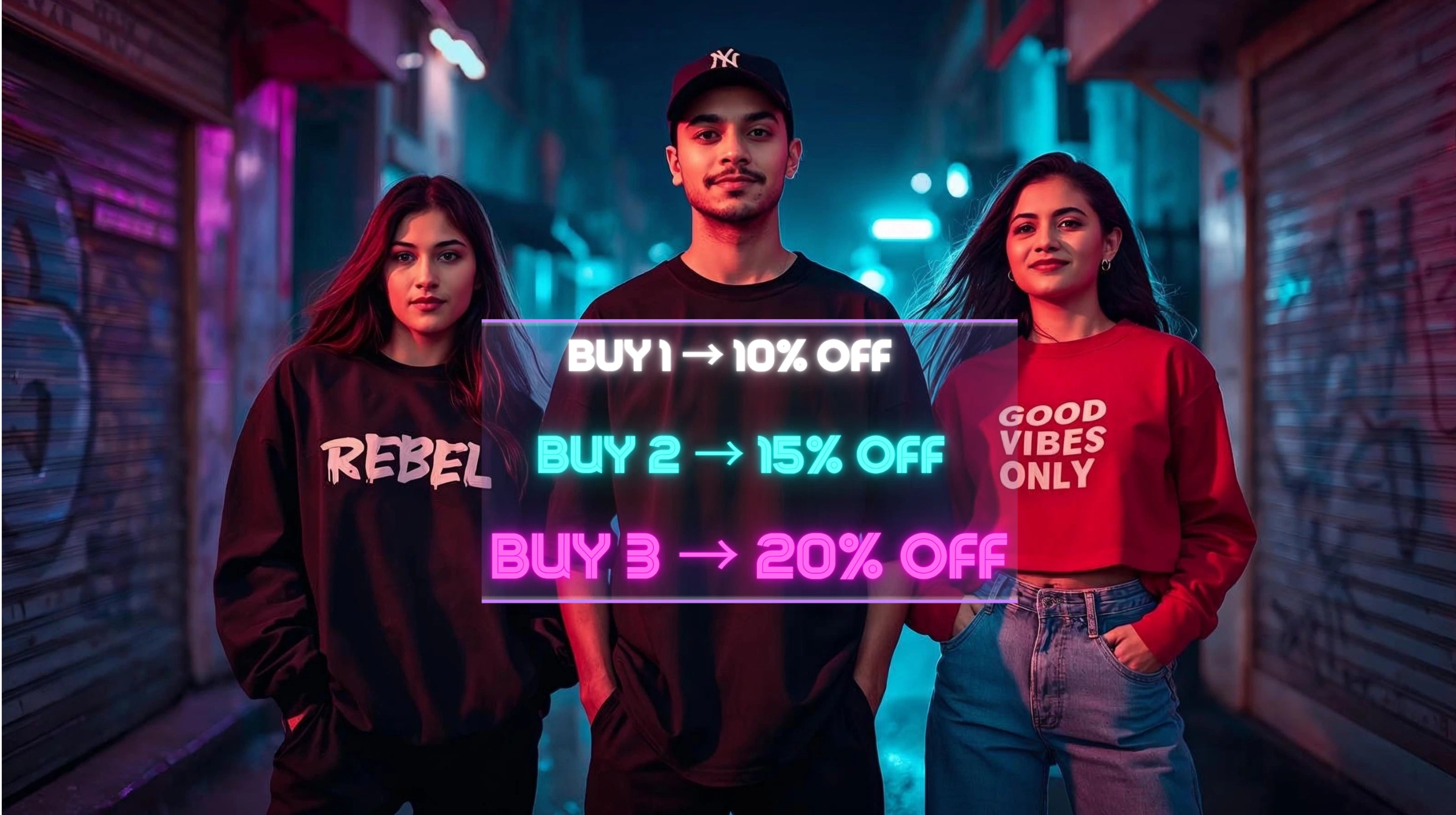 Three people standing in a neon-lit urban setting with promotional text overlay.