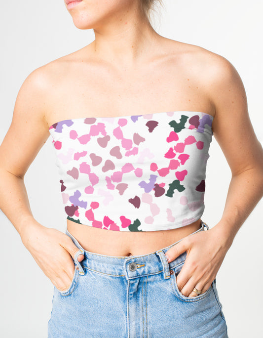 Women’s strapless tube top with colorful heart camo print in pink, purple, and green shades, stylish all-over print crop top.