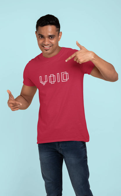 Man wearing a red t-shirt with 'VOID' text, pointing to the shirt against a light blue background