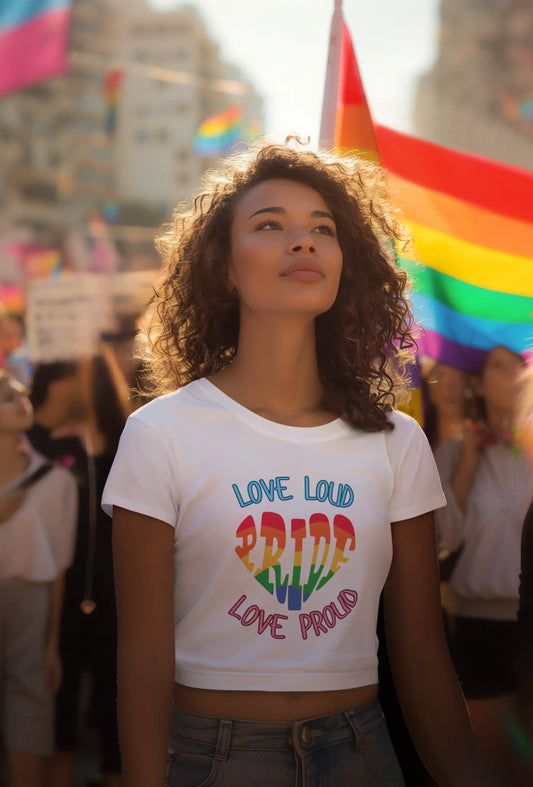 Woman with curly hair wearing a crop top at a vibrant gay pride parade — bold streetwear pride mockup by BigShot Fusion