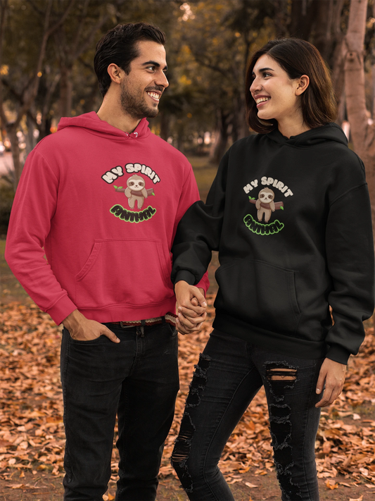 Two people wearing red and black hoodies with a sloth graphic and text, standing outdoors.